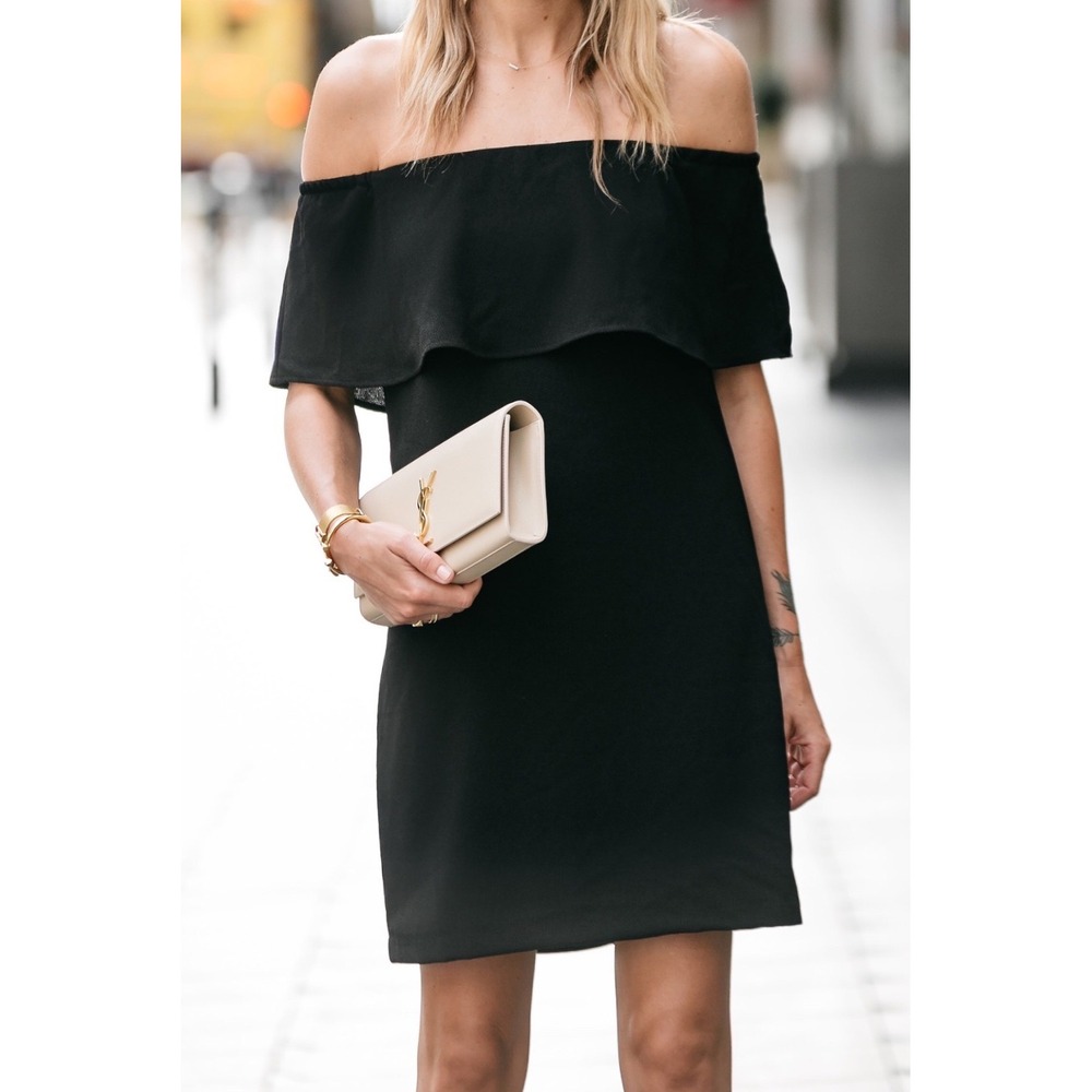 Charles Henry Black Off Shoulder Ruffle Shift Dress Mini Bardot S NWOT